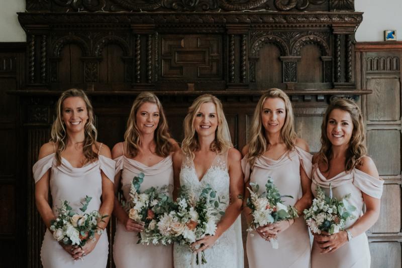 Bridal party with mix of natural and glam bridesmaid makeup