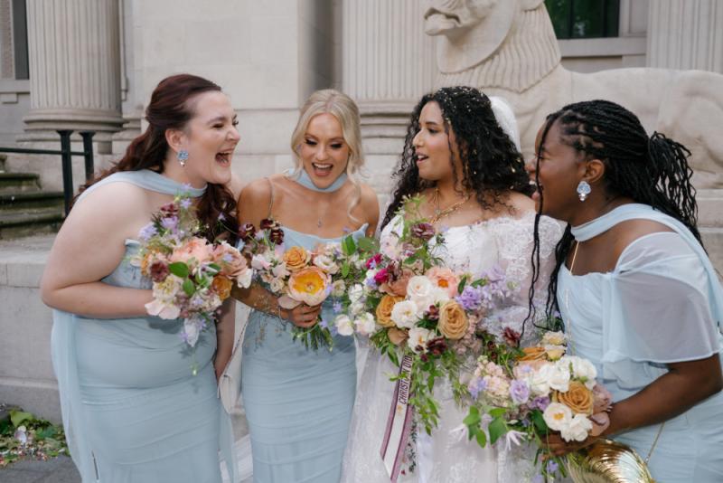 Three bridesmaids showing different bridesmaid makeup ideas for brown eyes