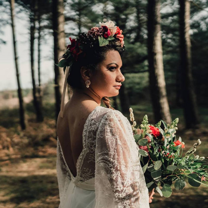 A gorgeous image from a recent styled shoot. The theme was a boho elopement. - Make Me Bridal Artist: Jenna Dale Makeup Artist. Photography by: Leesha Williams. #bohemian #elopement #floral #forest