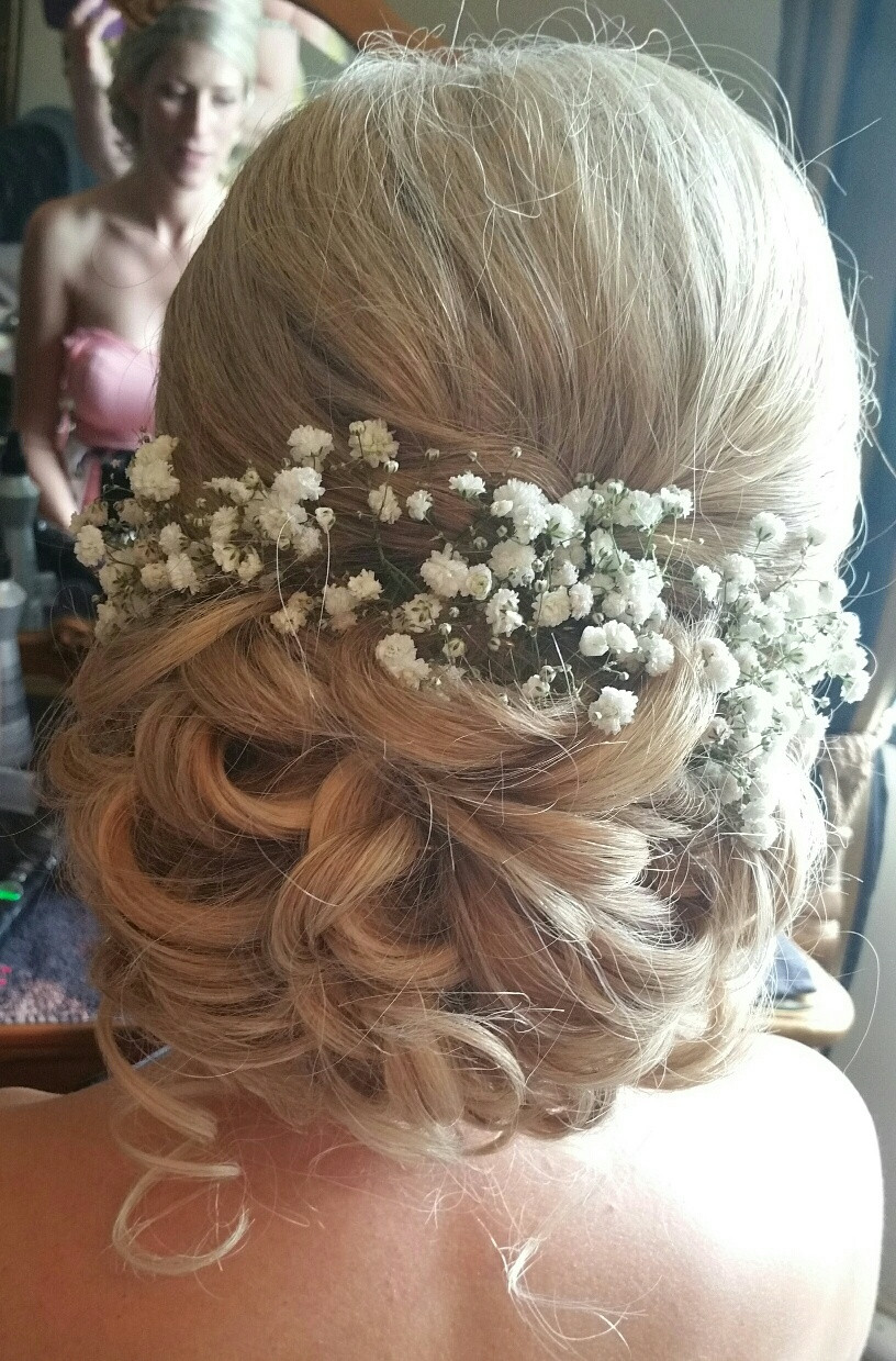 Rachel's soft low curly chignon at Woodhall Manor - Make Me Bridal Artist: Beautiful Hair 4 Weddings. Photography by: myself. #boho #curls #blonde #gypsophila #weddingmorning #gettingready