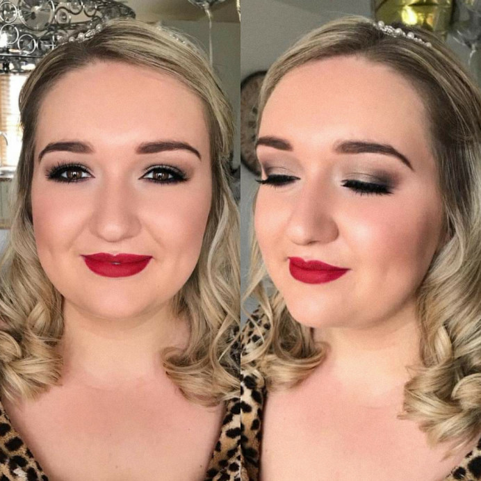A classic red lip teamed with bronze smokey eyes. This bridesmaid wanted a heavier look for the big day! - Make Me Bridal Artist: Sabina Ventriglia Makeup Artist. Photography by: NA. #bridalmakeup #bridesmaid #smokeyeyes #redlip