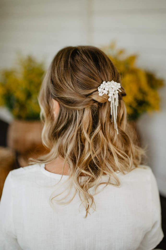 Bride Lina (hair and hair piece made by me) - Make Me Bridal Artist: let's hair. Photography by: Greta. #bohemian #rustic #weddinghair #bridalhair #bridalhairstylist #bridesmaidhair #natural #boho #halfuphair #halfuphalfdown #naturalbride #shorthairbride #effortless #effortlesshair #looseupdo #loosewaves #romantichair