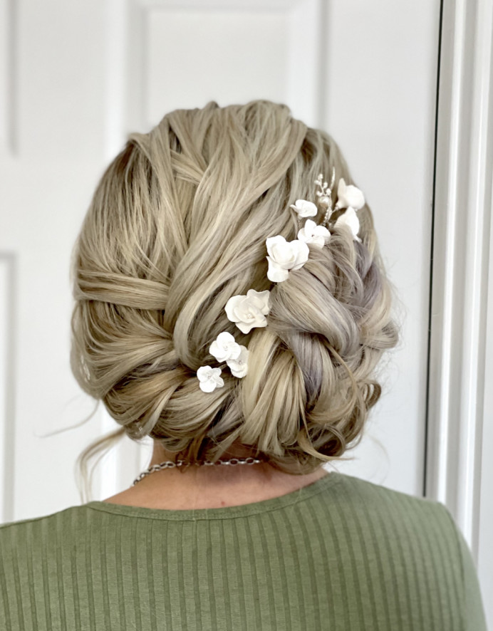 A gorgeous, softly textured fishtail updo for this bride to be's trial.
Complimented perfectly with hand made hair pins by Pearl & Hugo. - Make Me Bridal Artist: Max It Up Bridal & Special Occasion Hair. Photography by: Natalie Mason. #bridalhair #hairup #bohobride #bridalhairstylist #bohohair #braidedbridalupdo #bridalupdo #bridalbun #fishtailbraid #yorkshirewedding