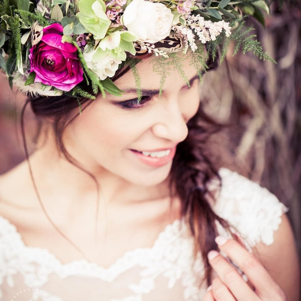  - Make Me Bridal Artist: Alison Martin Hair & Make-up. Photography by: Photography by Kathryn. #classic #boho #flowercrown #bridalmakeup #bridalhair #flowersinherhair #braidedupdo #softhairup